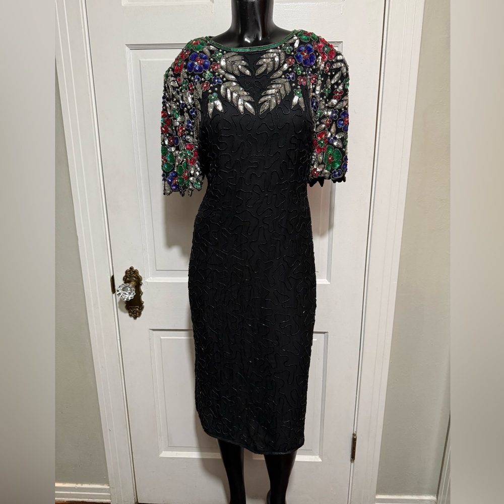 Vintage 1980s Beaded Sequin Dress Size Large 100% Pure Silk Black Floral